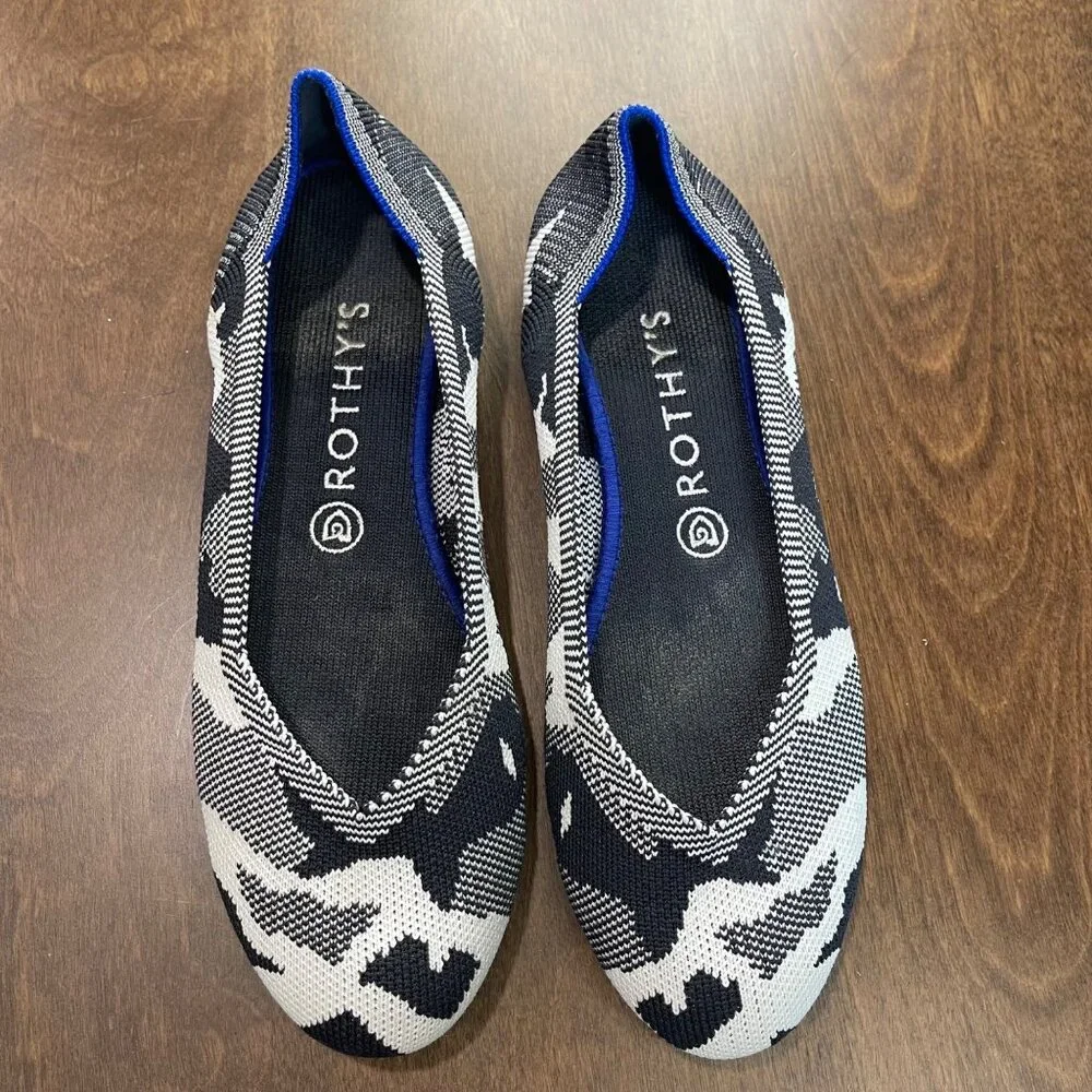 Rothy's The Round Toe‎ Shoes Women's Size 9 Flats Winter Camo Print Black White